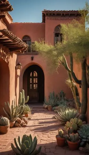 Territorial style architecture, adobe walls, earth-toned buildings, wooden doors, ornate metalwork, red-tiled roofs, grandiose archways, intricate stone carvings, lush greenery surrounding, cacti and 