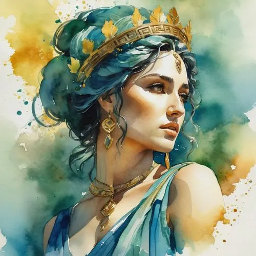 (watercolor:1.2) portrait of a Greek goddess, warm tone rendering, a digital rendering, trending on Behance, award winning, awe-inspiring. award winning artwork in artstation, blue-green and golden ye