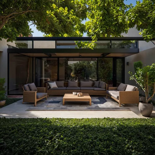 a classic courtyard villas, sustainable modern design in the middle eastern region,a couch set sitting on top of a concrete patio,mid century modern,mid century house,landscaped,modern house,patios,co