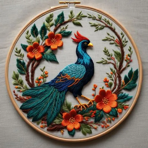 Embroidery, flower phoenix, branches and leaves, round, realistic, lifelike, simple antique background,floral and bird frame,vintage embroidery,ornamental bird,an ornamental bird,embroidery,embroidere