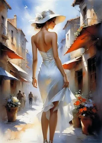a woman walks down the street while wearing white,panama hat,woman walking,girl walking away,sun hat,woman shopping,art painting,straw hat,high sun hat,yellow sun hat,woman at cafe,voile,girl in a lon