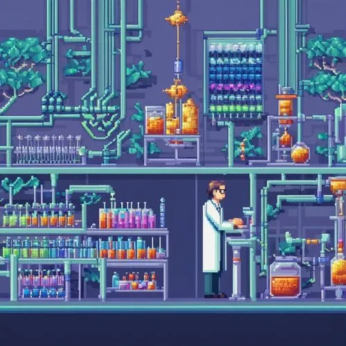 Pixel Art,chemical laboratory,biorefinery,juice plant,biotech,pharmacy,biopharmaceutical,laboratory,bioengineer,biochemist,lab,cryobank,biotecnologia,biotechnological,biopharma,chemist,chemical plant,