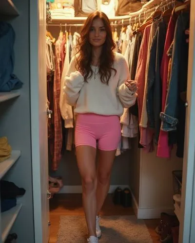 A spontaneous and happy photo of a 24-year-old model in front of her wall closet. The closet is filled with various clothing items, shoes, and purses. The model is standing, wearing sport pink lycra b