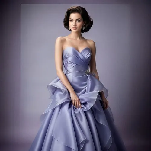 a young woman with dark hair wearing a dusky periwinkle ball gown with a draped bodice with a sweetheart neckline,ball gown,a floor-length dress,ballgown,evening dress,eveningwear,ballgowns,princess s
