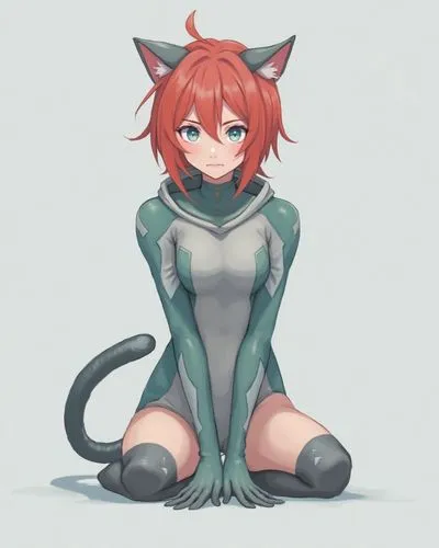 A digital illustration shoot from a front camera angle about a character with cat features sitting on the ground, wearing a futuristic outfit with a grey background. the image also shows a young woman