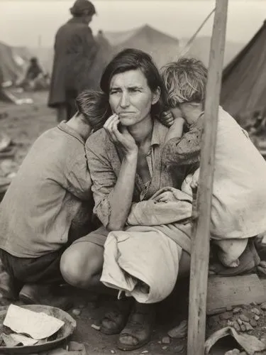 A wider view of the scene surrounding the woman from the iconic photograph, revealing a dusty and barren encampment during the Great Depression. Weathered tents made of patched fabric and wooden frame