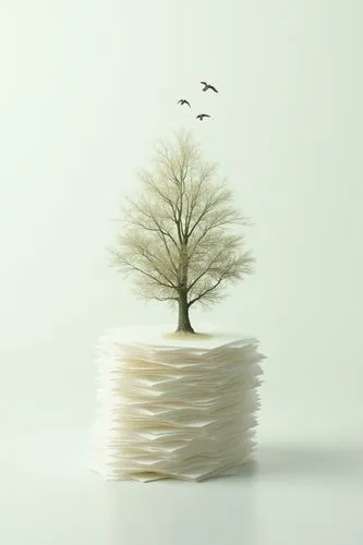 a stack of white paper with a dry forest growing,Forest fire,a few birds flying,a gradient background of white and green,a clean picture,surreal photography,creative illustrated ads,eco-friendly ads,r