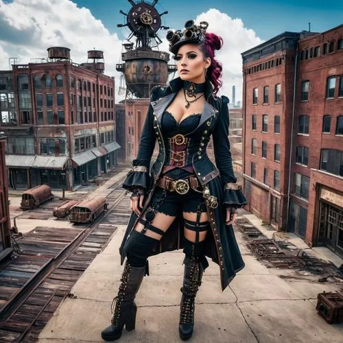 Steampunk sky pirates,a woman in an outfit is posing on the train tracks,wastelands,blackguard,borderlands,goth woman,industrial ruin,gasworks,mistress,rooftops,fire escape,post apocalyptic,alley cat,