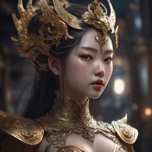 红玫瑰，短发美少女战士，机甲风格，赛博朋克,oriental princess,chinese art,oriental girl,asian costume,inner mongolian beauty,oriental,golden crown,fantasy portrait,golden dragon,mulan,taiwanese opera,gold crown,dragon li,a
