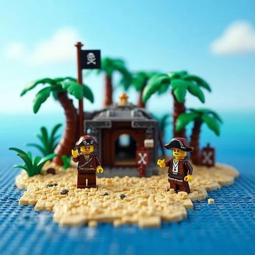Vibrant LEGO pirate treasure island diorama. The island, made of tan LEGO plates for sand, is surrounded by blue LEGO plates representing water. It features a rustic LEGO fort or shack built from brow