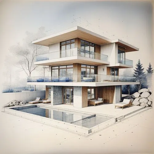 Modern Villa Blue Print Sketch