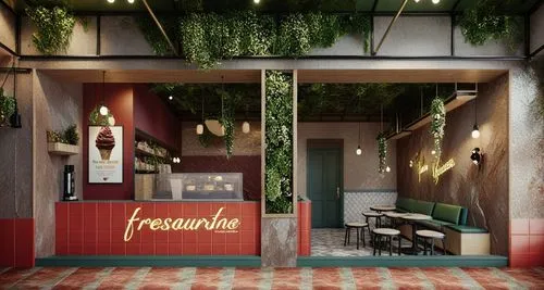 there is a restaurant with green and red accents,a restaurant,restaurant,restaurante,brasserie,restaurant ratskeller,restaurantes,restaurants,restauranteur,render,ristorante,restaurateur,franscisco,re