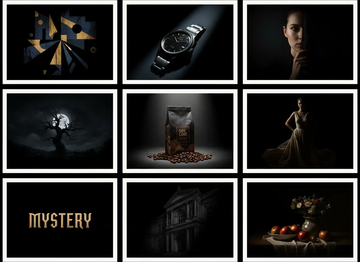 विभिन्न पोस्टर डिज़ाइनों का एक ग्रिड, जिसमें एब्स्ट्रैक्ट, उत्पाद और पोर्ट्रेट स्टाइल शामिल हैं, सभी Chiaroscuro लाइटिंग का उपयोग करते हैं।