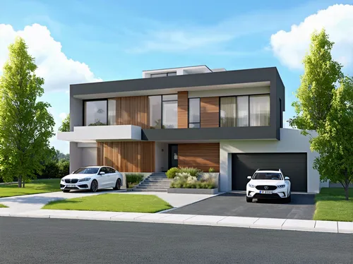 A high-quality rendering of a modern form of big, large, spacious two-story, L-shaped residential building. The house has a garage for two cars. The building is passive. ,two cars parked on the street