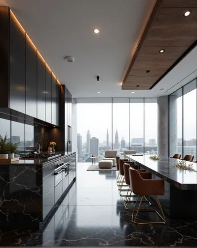 A minimalist, luxurious kitchen and dining area with sleek black cabinetry and onyx countertops, seamlessly blending with golden accents. The kitchen features top-tier appliances integrated into the b