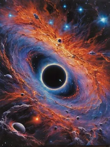 A breathtaking cosmic scene featuring ultrarealistic galaxy at the center, surrounded by swirling galaxies and vibrant nebulae. The black hole emits a radiant glow, illuminating the surrounding cosmic