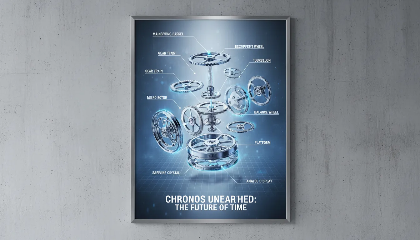 Un poster elegante e futuristico che mostra un orologio meccanico smontato con le parti etichettate nello stile di un disegno tecnico.