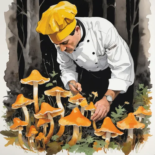 In a dark forest, a chef discovers a mysterious chanterelle that possesses magical powers.,funnel chanterelles,edible mushrooms,chanterelles,trumpet chanterelle,chanterelle,umbrella mushrooms,fungal s