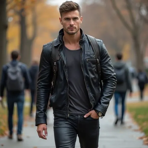 an insanely handsome muscular college professor, who is an immortal werewolf, wearing leather jacket, tank top, and leather pants, on campus, wearing smartwatch, boots, backpack






















