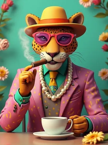A colorful, anthropomorphic leopard in a vibrant suit, pink sunglasses, and an orange hat is sitting at a table with a pearl necklace around its neck, smoking a cigar and drinking coffee from a cup. T