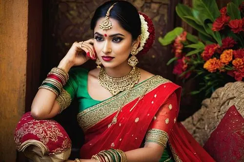 Indian bride, traditional wedding attire, intricately embroidered red saree, golden jewelry, maang tikka on forehead, bold eyebrows, dark eyeliner, bright red lipstick, elegant nose ring, delicate hen