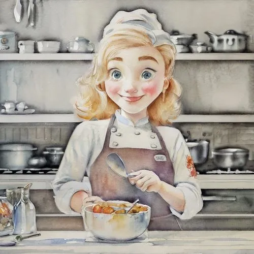 Create a perfect watercolor painting to decorate a kitchen.,girl in the kitchen,girl with bread-and-butter,cooking book cover,girl with cereal bowl,woman holding pie,watercolor tea,doll kitchen,waterc