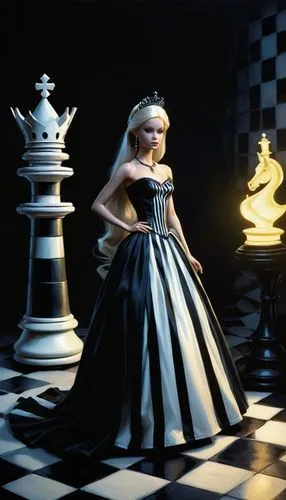 60s barbie doll in a black and white striped ballgown, chess,Chess Barbie,chess player,chessboard,chess,chess board,chessboards,play chess,chess game,vertical chess,chess piece,chess cube,chess pieces