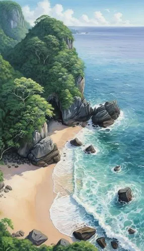 an aerial view of a rocky beach and the ocean,beach landscape,beach scenery,cartoon video game background,landscape background,coastal landscape,ocean background