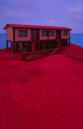 the building is next to a red roof,dunes house,beach house,floating huts,landscape red,red sand,render,blue red ground,stilt house,house by the water,cube stilt houses,lifeguard tower,house with lake,