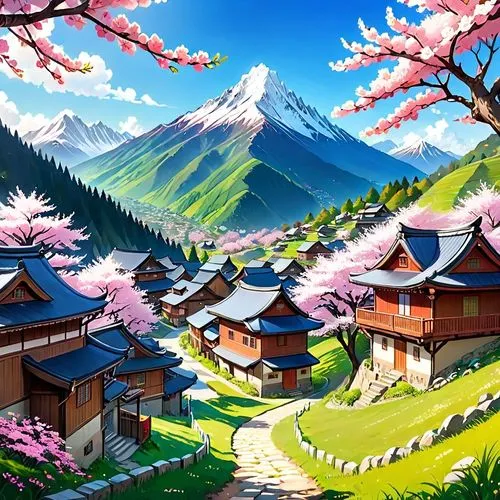 Breathtaking alpine village in spring, anime fantasy landscape, a picturesque village with traditional wooden houses featuring sloping gassho-style or shingled roofs nestled in a lush green valley, vi