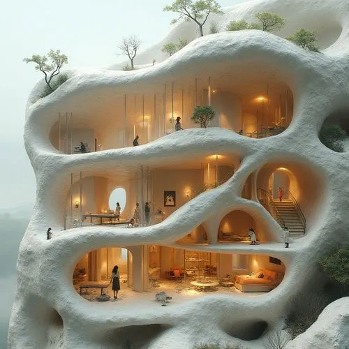 Architectural cut-section of a futuristic, parametric building inspired by natural forms — organic curves, layered spaces, and fluid interiors, with furniture and human activities visible inside. Intr