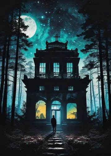 A captivating double exposure photograph in the style of Jignesh Chavda, featuring an eerie and abandoned building standing tall in a dense forest. The silhouette of the building is outlined against a