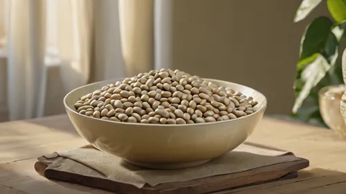 bowl with some soy beans sitting on table, in the style of light gold and light beige, nature-inspired imagery, physically based rendering, use of fabric,