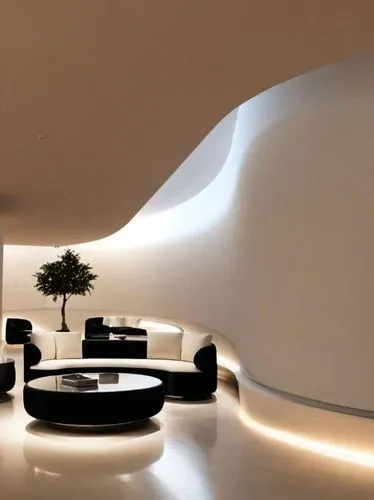 public lounge with seating areas, round wave shaped sofa,a very fancy living room with blue upholstered furniture and an arch,interior modern design,modern living room,contemporary decor,corian,modern
