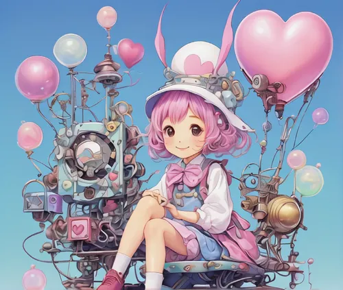 kawaii anime, "An eccentric inventor with a quirky smile showcasing their latest creation: a bumbling pastel-colored contraption with a heart-shaped antenna.",pink balloons,harajuku,candy island girl,