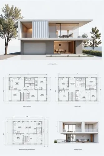 A professional architectural presentation board with a Pure background and a clean, minimalist design layout. The board includes:

Top Section: On the top left, a photorealistic render of a contempora
