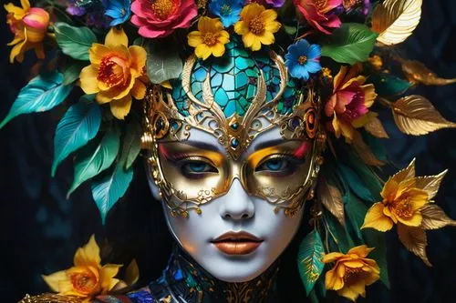 Intricate matrix ornaments 🌊✨, 8K 📺, HD 🌟, high render 🎨.,a woman wearing a blue mask and a gold floral wreath,venetian mask,masquerade,headdress,the carnival of venice,bodypainting,diablada,body 