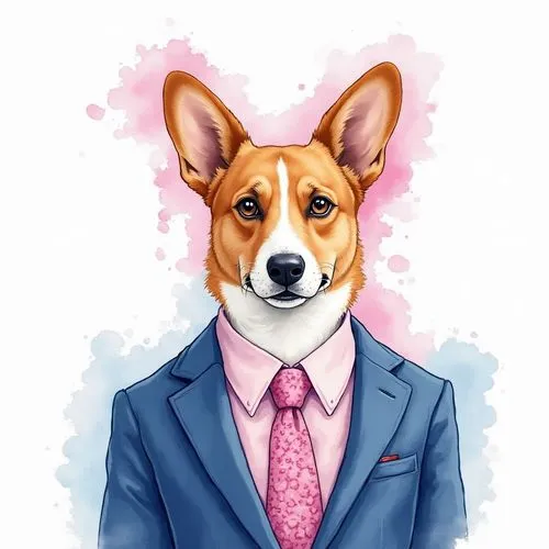 A dapper and humorous watercolor pop art portrait of a Pembroke Welsh Corgi dressed in a smart blue business suit, a pink dress shirt, and a patterned pink tie. The art style features vibrant watercol