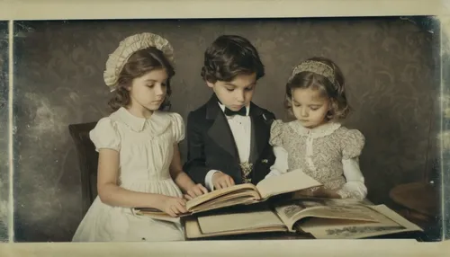 a boy and a girl in regency attire looking at a picture book, mid action, tv footage,children studying,vintage children,the victorian era,child's diary,mulberry family,pictures of the children,book co