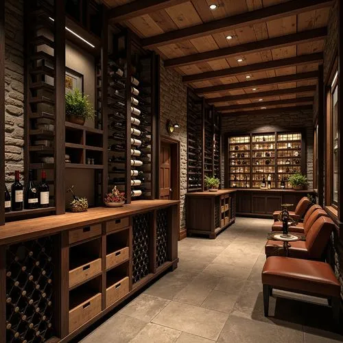 Luxurious wine cellar, dark wood shelving, temperature-controlled environment, humidity-regulated conditions, dim warm lighting, stone walls, rustic ambiance, wooden wine crates, elegant glass doors, 