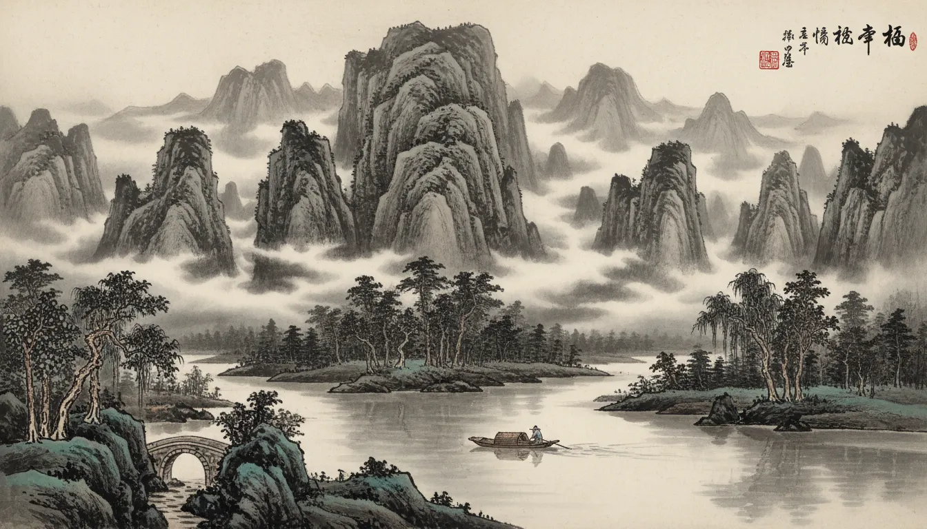 Pittura di paesaggio Shanshui generata dall'AI con montagne nebbiose, un fiume calmo e una barca solitaria, creata con PromeAI.