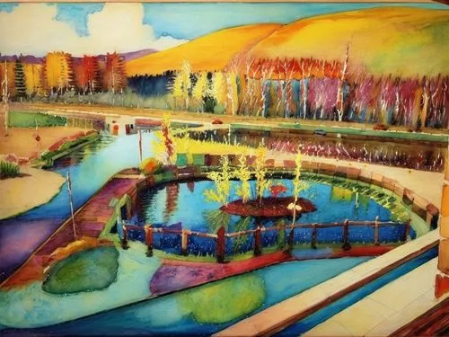 Весна. Пруд. ,watercolor on paper of a pond with rock formations,river landscape,fauvist,art painting,impressionist,impressionism,glass painting