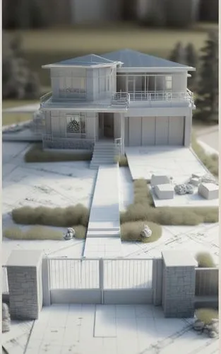 an architectural 3d model of a house on a block of land,modern house,model house,house drawing,rendered,cube house,render