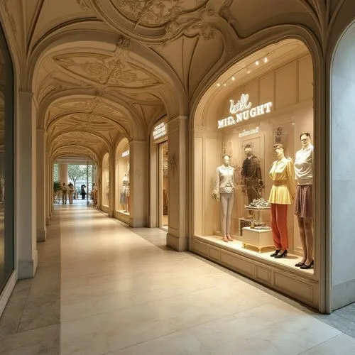 ,the inside of a shop with an arched ceiling,galleries,orangerie,gallery,enfilade,galerie,foyer