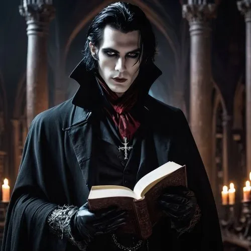 front shot of a sinister vampire and mysterious character named Mortimer Black, a tall gaunt man with pale translucent skin, hollow glowing eyes that emit a faint red light, messy black hair streaked 