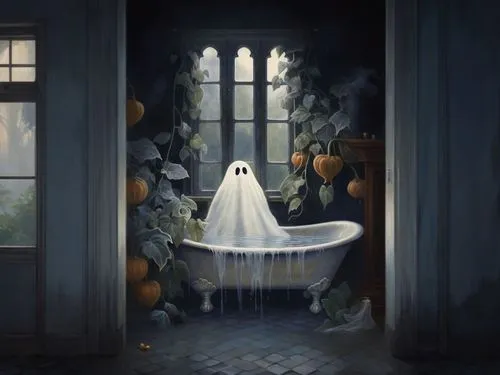 a creepy ghost is standing in front of a bath tub,halloween background,halloween wallpaper,halloween ghosts,halloween scene,halloween illustration,ghost background