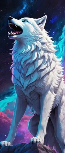 Cosmic space wolf, majestic posture, glowing blue eyes, sharp teeth, fluffy white fur, galaxy-inspired aurora hair, starry night sky background, nebula-inspired cape, floating in zero gravity, powerfu
