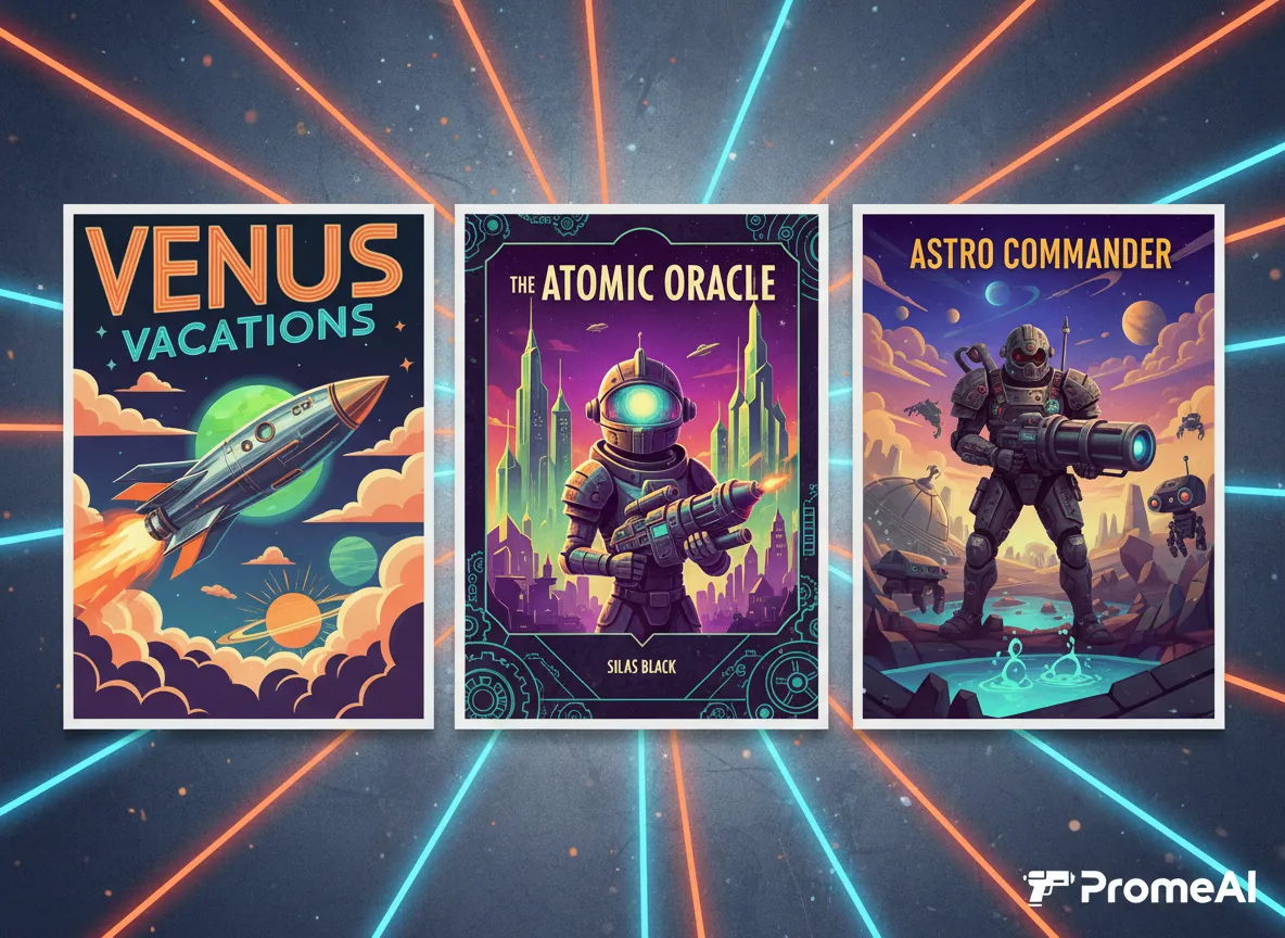 Una mood board che mostra varie applicazioni dello stile Raygun Gothic create con PromeAI, tra cui un poster, una copertina di un libro e un concept art per un videogioco.