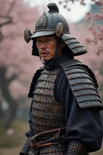 Traditional samurai warrior. Shogun. Ashikaga Shogunate. Traditional samurai armor. Helmet. In a Japanese castle. Photo. Hyper-realistic image. Perfect. Japanese landscape with cherry trees. Scene fro