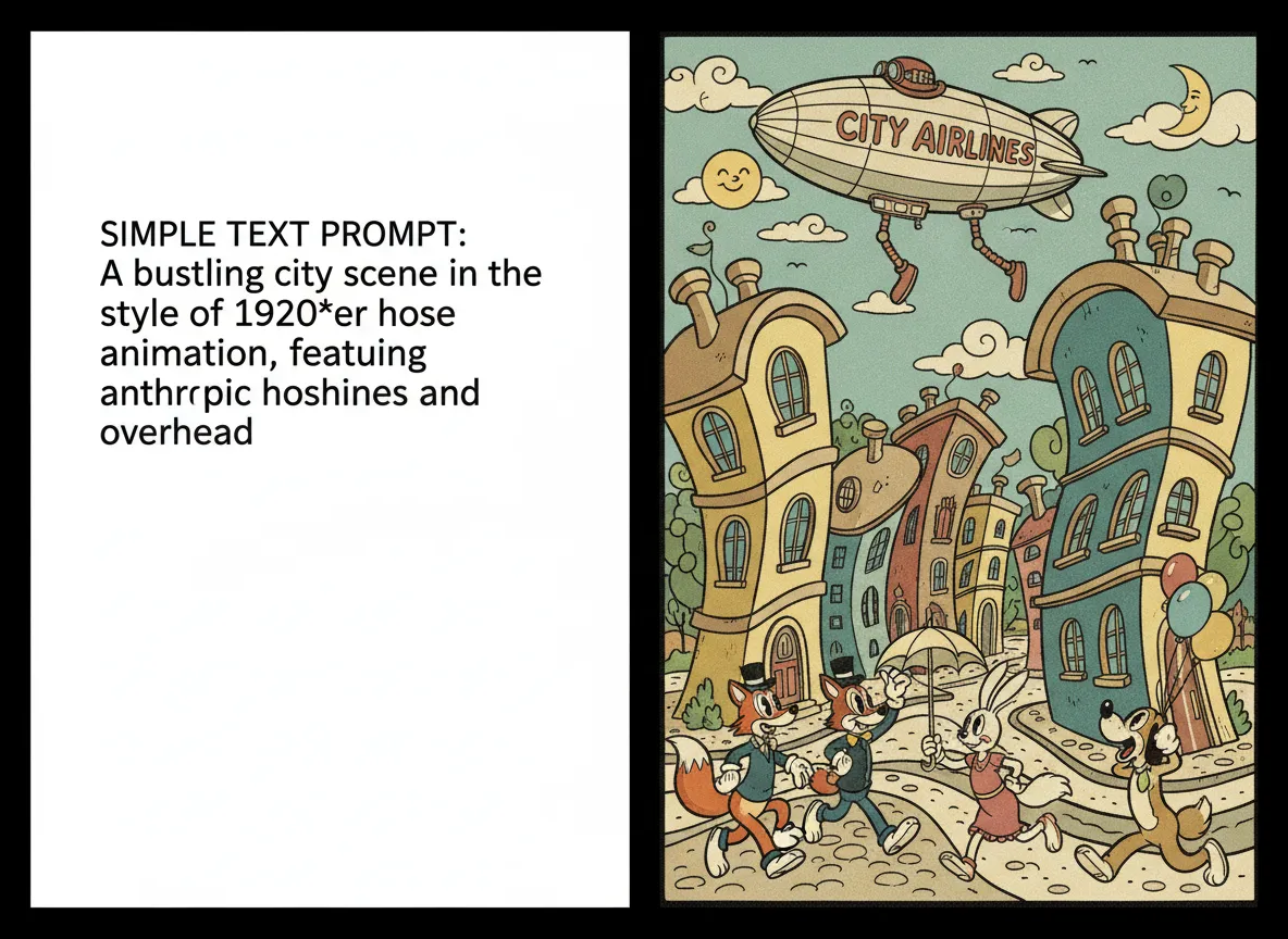 Confronto fianco a fianco che mostra un semplice prompt di testo e l'opera d'arte risultante in stile Animazione Rubber Hose di una scena cittadina.